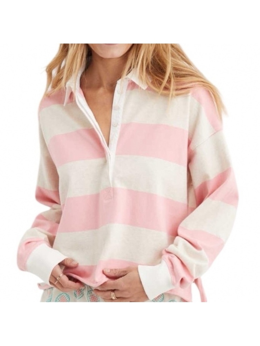 Aerie Pink White Striped Prep Cropped Pullover Rugby Polo Shirt Top